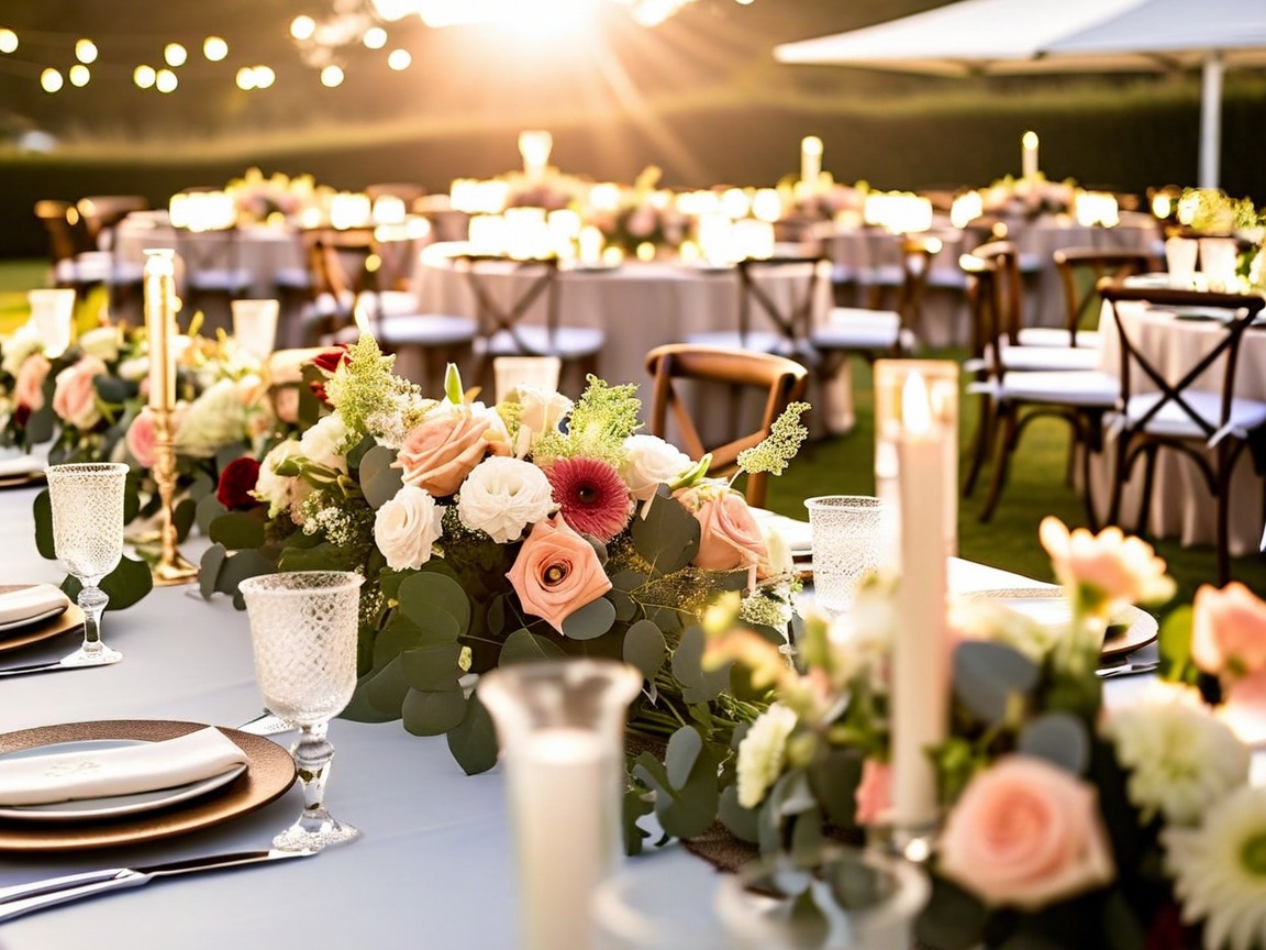 Outside,Wedding,Event,With,Flowers,,Tables,With,Beautiful,Center,Pieces.
