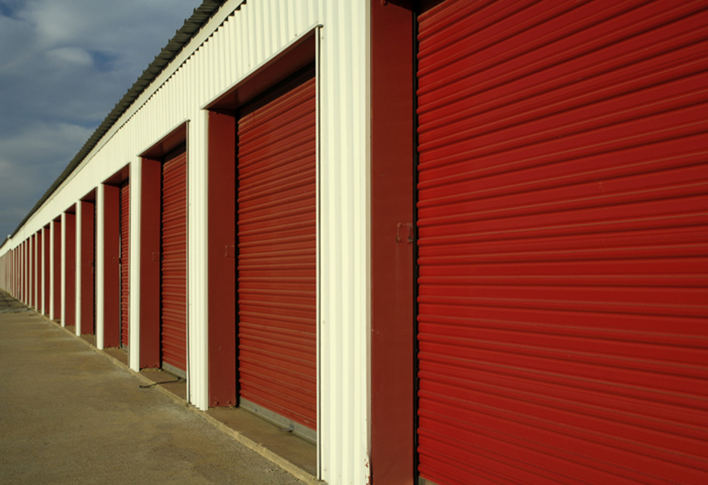 Red storage doors in a straight line